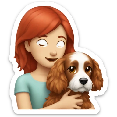 Maltipu's red-haired dog hugs a girl with dark hair sticker