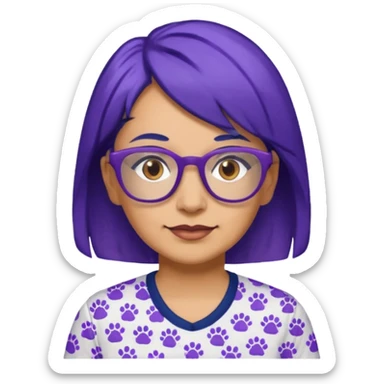 50-year-old woman with hair that is navy blue, purple glasses, and brown eyes, in a shirt with small pawprints all over it. sticker