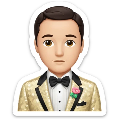 Gene Kelly with dark brown hair, cream sequin suit with bow tie sticker