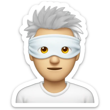 Man with blue eyes wearing blindfold covering his eyes and has white spiky hair and is wearing white sweater sticker