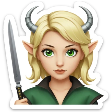 Emoji femme blonde cheveux blond, yeux vert avec de long cils noir qui a des cornes et tiens un couteau  sticker