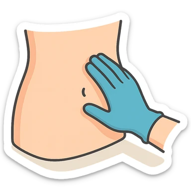 close-up of human abdomen, a doctor's hand palpating, hand coming from the other side, wearing blue glove, 2D isometric style, soft rounded shapes, clean contours, pastel palette, detailed shadows and highlights, modern illustration, transparent background sticker