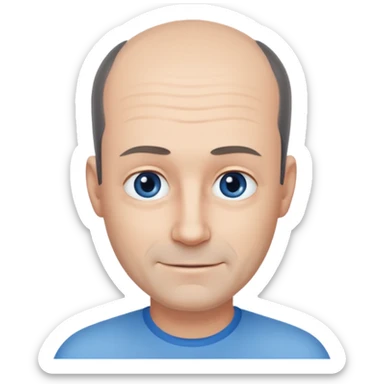 Middle aged man with black-greyish receding hairline, small blue eyes, clear face, shy smile sticker