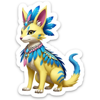 Kawaii cute yellow, blue, pink, exotic tribal beautiful pretty elegant divine edgy feline-vernid-sergal-Fakémon-Pokémon-Digimon-fursona-animal-creature with bracelet, necklace, full body, with intricate detailed markings, feather headdress  sticker