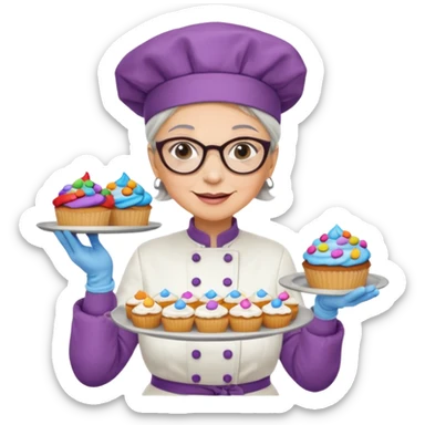Older female pastry chef – round glasses, oven mitts on, holding a tray of cupcakes

 sticker