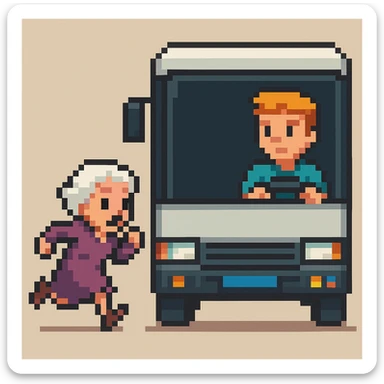 Make it **Pixel Art style**: old lady should run to reach the bus, the driver is man under 30 with orange hair sticker