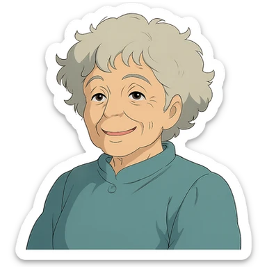 ghibli style older lady with silver curly hair smiling sticker