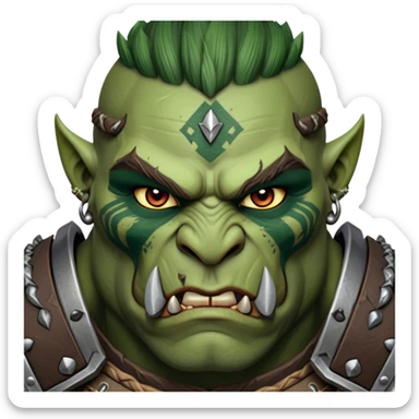 Cinematic Realistic WoW Orc Warrior Portrait, depicted with battle-scarred, rugged green skin and a powerful, muscular build that radiates primal strength. Clad in intricately detailed tribal armor accented with dark leather and iron embellishments in deep, earthy tones, his fierce eyes and determined expression exude honorable might. Rendered with lifelike texture and dramatic natural lighting, high shine, noble and formidable, capturing the essence of a legendary orc champion. sticker