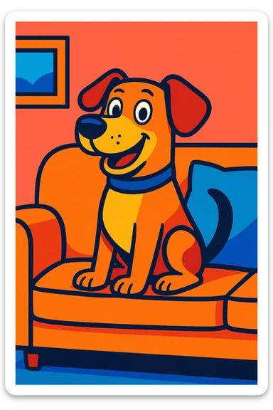 a dog sitting on a couch, vibrant cartoon style sticker