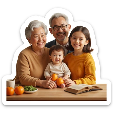 closeup front angle shot of a multigenerational family with grandparents parents and child, realistic facial features, warm lighting, skeuomorphism style sticker