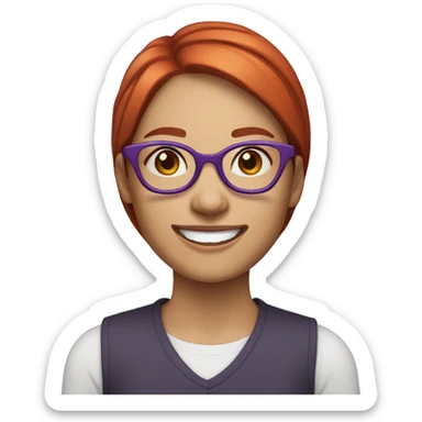 Woman with short, straight, red hair, fair skin, smiling with teeth visible, and wearing round purple glasses sticker