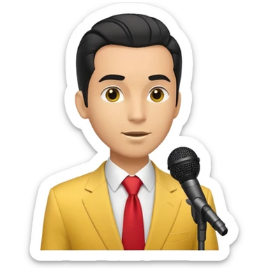 Man with black pulled back hair, wearing a yellow suit and red tie, holding a microphone sticker