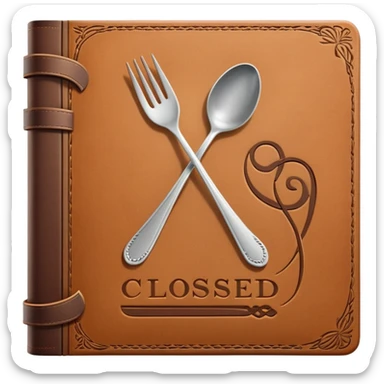 Closed cookbook with a fork and spoon symbol on the cover – collection of recipes sticker