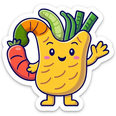 Cute cartoon representation of dietary fiber with happy vegetables, fruits, and whole grains linked by fibrous strands, with a smiling intestine character showing improved digestive health sticker