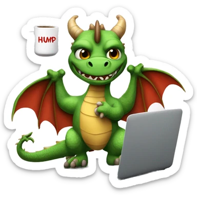 real life dragon with wings, working on a laptop, wearing a shirt with the words hump day on it, with a cup of coffee in his right hand sticker