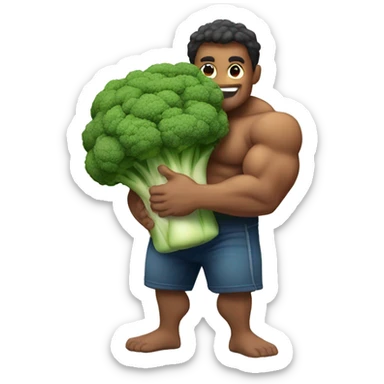 muscular man hugging large Brocolli  sticker