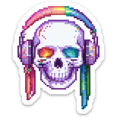 a pixel art skull with pink lipstick and a rainbow headset, for a queer gaming group called Respawn Sluts sticker