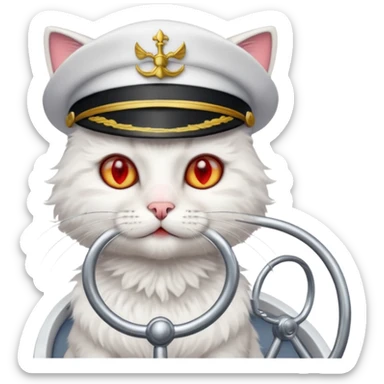 a devlish looking kitty cat at the helm of a catamaran driving it sticker