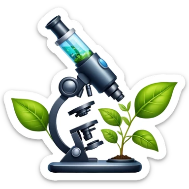 An icon featuring a microscope, a DNA strand, and plant leaves, symbolizing biology. The design includes cells, a test tube with a plant sample, representing life sciences, ecosystems, and the study of organisms. Transparent background highlights the exploration of living systems. sticker