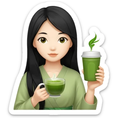make an asian girl with long hair that loves matcha (in a cup not glasses) sticker