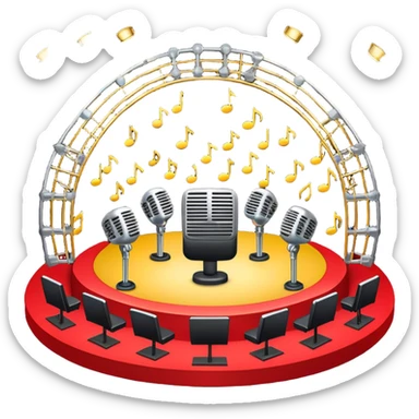 Create a vibrant and dynamic emoji that represents choral vocal performance. The design should feature 10 vintage stage microphones arranged in a semi-circle on a concert stage, symbolizing a vocal group or choir. Add musical notes flowing around the microphones to represent harmony and unity in the performance. Include concert lighting and a celebratory atmosphere to convey the excitement of live music. Use bright, bold colors like red, gold, and silver to emphasize the energy and glamour of the stage. The background should be transparent. sticker