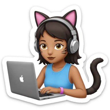 black girl who works remotely through a laptop with cat ear headphones sticker