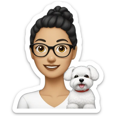 woman-black-hair-bun-with glasses-with bichon dog-white-smile-Christmas sticker