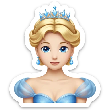 Cinematic Stunning Cinderella Portrait Emoji, Radiant in her sparkling blue ball gown, golden hair in a perfect updo, soft blue eyes full of wonder, glistening tiara, glowing with an ethereal beauty, regal yet kind, a dreamlike aura surrounds her, capturing the essence of a fairy tale princess, elegant and breathtaking! sticker