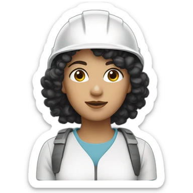 a constructor woman with curly black hair and white helmet sticker