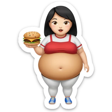 create a humongous asian girl with black hair, with 2 burgers and a cookie in her mouth, she is super obese, please make her a full body emoji, mega huge tummy   sticker