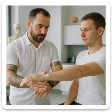 realistic kinesiologist wearing a white shirt with tattoos on arms and a dark wristwatch, guiding a patient wearing a white t-shirt during a muscle test in a modern medical environment, realistic details, inspired by reference photo https://attic.sh/r66tucayi7ewfjges2vhulor9bux sticker