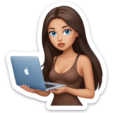 Glamours tanned very beautiful girl with big pump peach lips and dark chocolate straight smooth long hair, blue eyes in brown/beige bodysuit with MacBook sticker