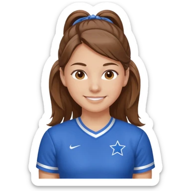 brown hair blue cheerleading shirt no bangs with a low pony tail smiling sticker