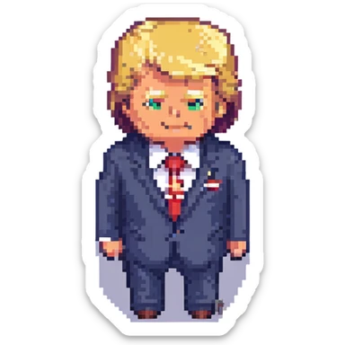 Donald Trump pixel art, simplified, recognizable hair and suit, no text sticker