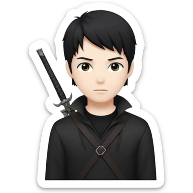 White male, black anime hair, black hunter eyes, black shirt sticker