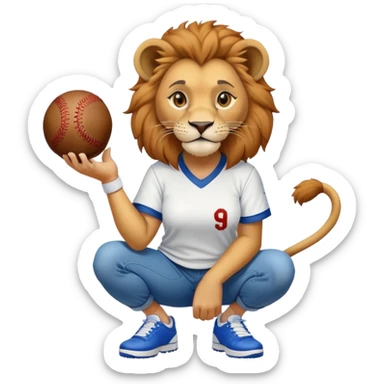 confident anthropomorphised female lion wearing a baseball shirt, jeans, and trainers, squatting and lifting an object sticker