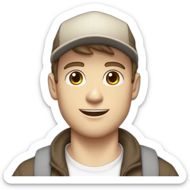 Pale skinned fit Man with dark brown hair in a beige cap, gray jeans, brown polo and white T-shirt keeping a pasted with tape white box into his hands sticker