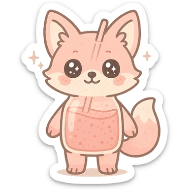 full-body cute blender fox with transparent body showing fruity smoothie inside, sparkling eyes, pastel pink color, transparent background sticker