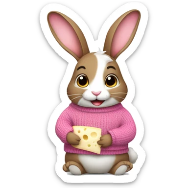 Cute rabbit: a brown rabbit wearing a pink sweater . Eating a gorgonzola cheese sticker