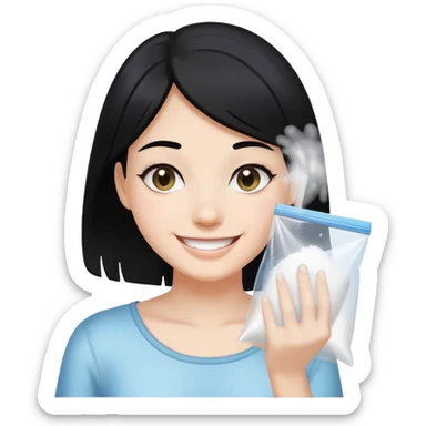 Black hair Girl smiling holding a clear plastic bag with white powder sticker