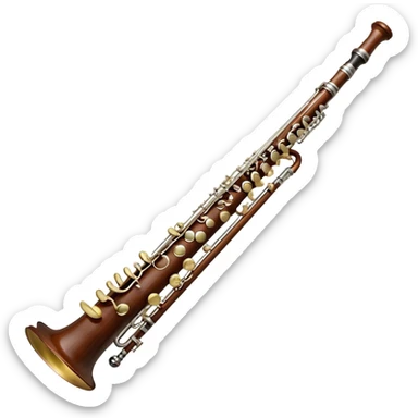 Create a detailed and elegant emoji representing a professional bassoon Oscar Adler. The design should showcase the long, slender wooden body of the bassoon with its distinct curves and metal fittings. Highlight the keywork and metal rings around the joints, with subtle light reflections on the wood to give it a polished appearance. The top of the bassoon should have the characteristic metal bell, and the reed should be clearly visible at the mouthpiece. Use warm wood tones like deep brown and mahogany for the body, with silver or brass accents for the metal parts. Add soft musical notes or soundwaves around the instrument to evoke its rich, deep sound. The background should be transparent. sticker