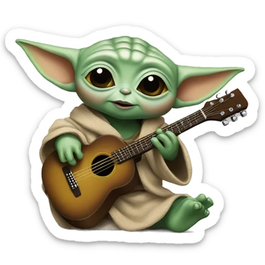Baby Yoda holds a rock guitar sticker