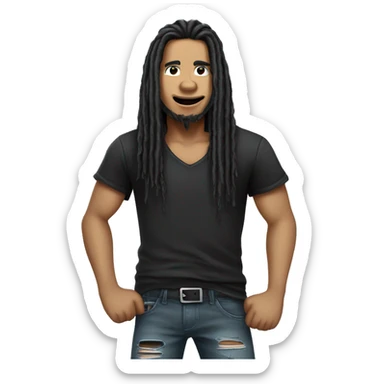 3D cartoon character, Indonesian man with long black dreadlocks, wearing a black rocker t-shirt and ripped jeans, wearing a watch sticker