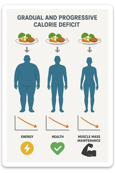 una sequenza di tre sagome umane affiancate, ognuna rappresenta una fase diversa di perdita di peso graduale. Sopra ogni figura, un piatto mostra porzioni di cibo bilanciate ma leggermente ridotte. Frecce e grafici illustrano una diminuzione lenta e costante dell’apporto calorico giornaliero, con icone che rappresentano energia, salute e mantenimento della massa muscolare. Sfondo pulito e moderno, con etichette chiare che spiegano “deficit calorico graduale e progressivo” sticker