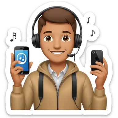 guy listening to music with earphone and phone in hand sticker