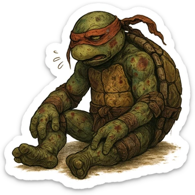 worn-out old ninja turtle, mask askew, chipped shell, bruises, slumped over, breathing heavily, aftermath of a fierce fight sticker