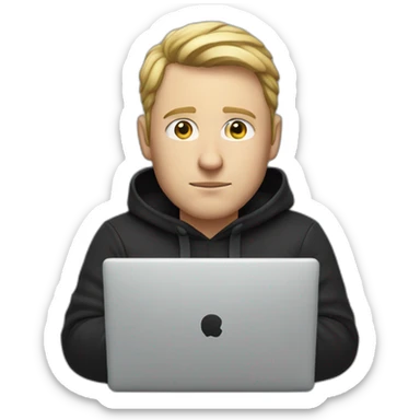 a serious-looking white man, wearing a black hoodie, behind a laptop screen sticker