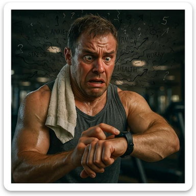 Create a hyperrealistic 4K style image of a muscular man in his 30s obsessively checking his heart rate monitor during cardio. His face is red with overexertion, and he has a gym towel soaked in sweat. Show panic in his eyes. Add visual elements around his head representing chaotic thoughts, anxiety, and mental pressure. The setting is a gym environment. Use a hyperrealistic style with intense detail and emotional expression. sticker