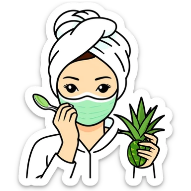 White woman with spa mask eating aloe vera sticker