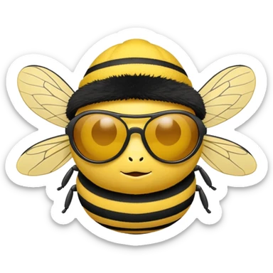a plushie wasp in sunglasses and a yellow hat sticker